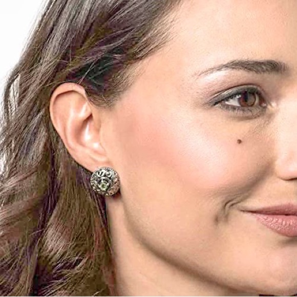 NEW CAROLYN POLLACK Peridot Button Earrings Sterling Scroll Omega NEW IN CP BOX - Picture 8 of 9